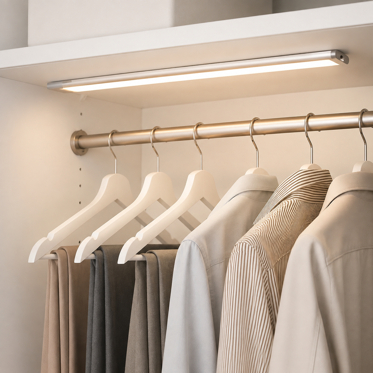 Silver wireless motion sensor LED bar glowing above a closet hanging rail