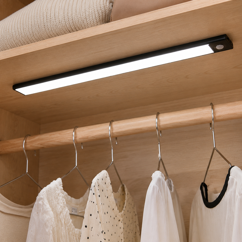 Black wireless motion sensor LED bar installed beneath a maple closet shelf