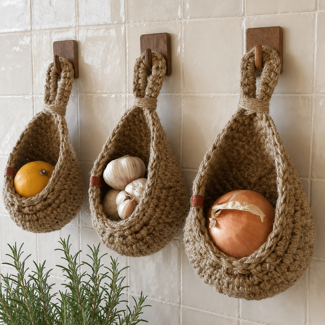 Three natural hemp rope hanging baskets storing citrus garlic and onion
