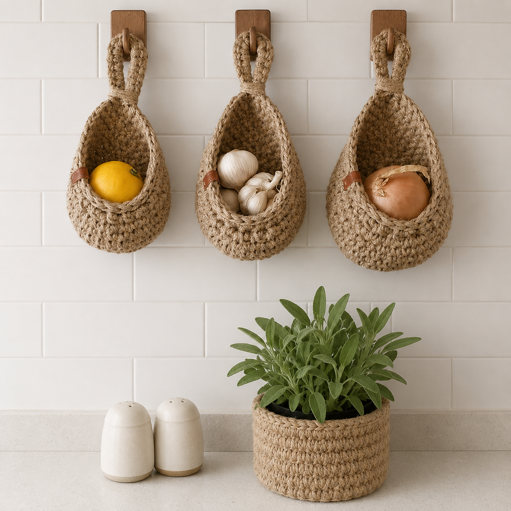 Three woven hanging storage baskets above a bright American kitchen counter