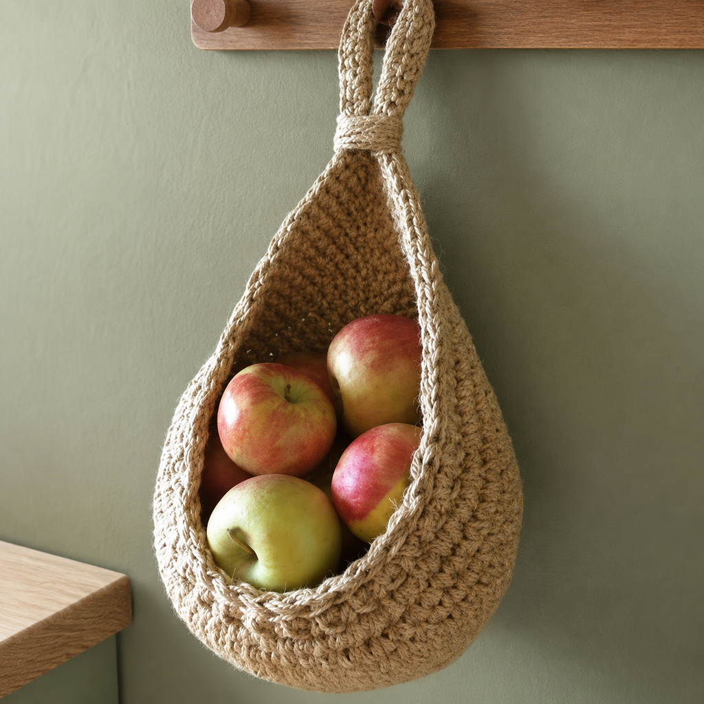 Natural hemp rope hanging basket filled with red and green apples