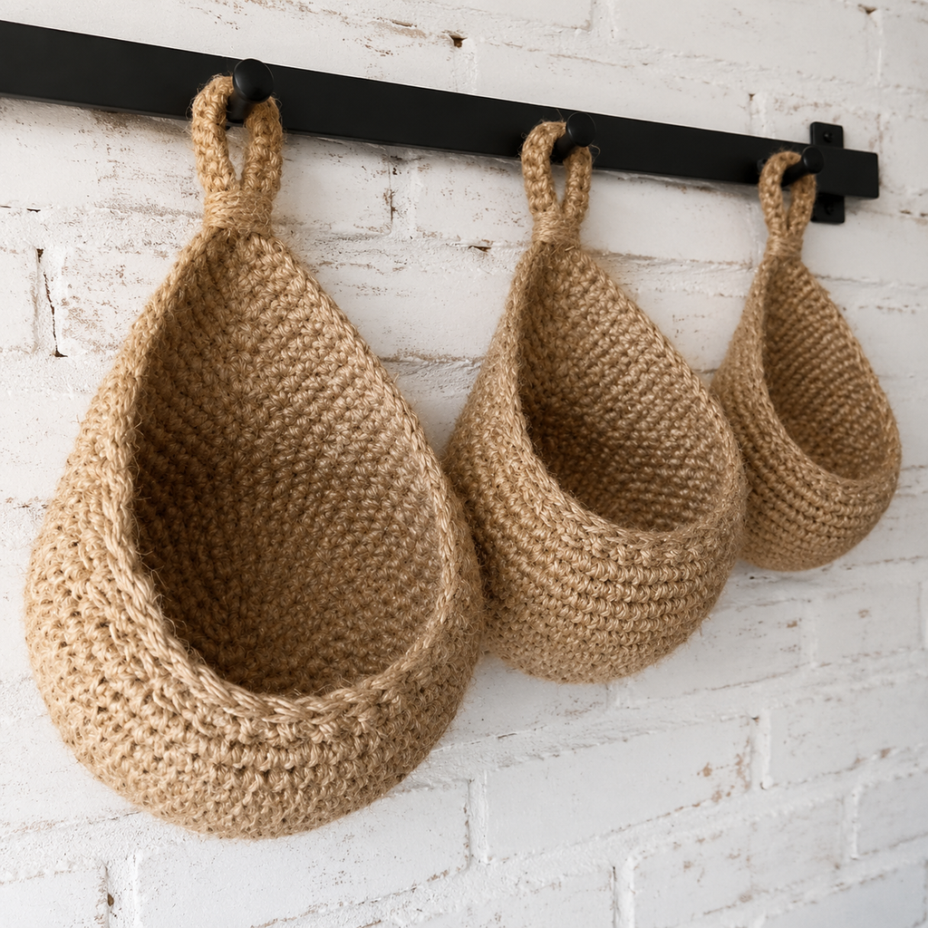 Three empty woven hanging storage baskets on a black pantry rail