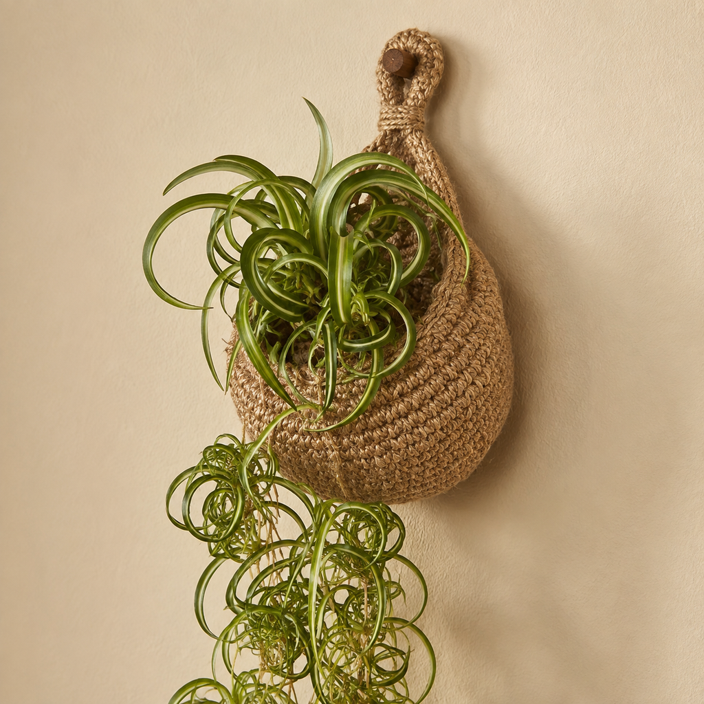 Natural woven hanging basket used as a wall planter with trailing greenery